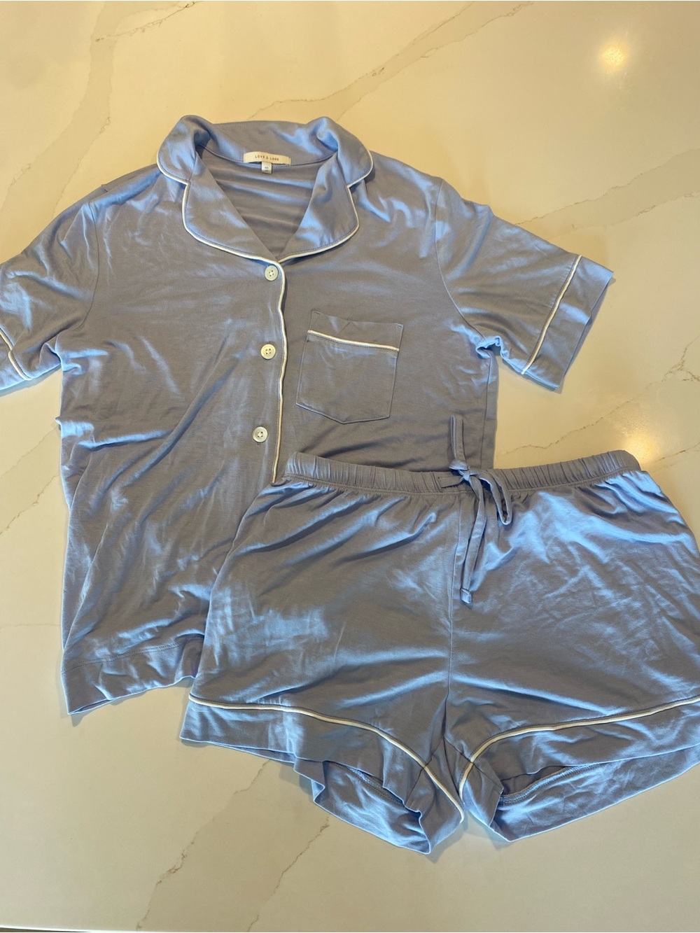 Love & Lore Women's Light Blue Short-Sleeve Pajama Set with White Piping - Picture 3 of 9